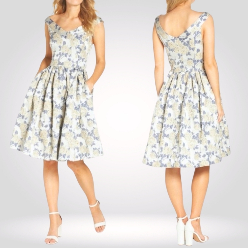 GAL MEETS GLAM Ava Floral Jacquard Dress Fit And Flare Pockets Sleeveless Size 8